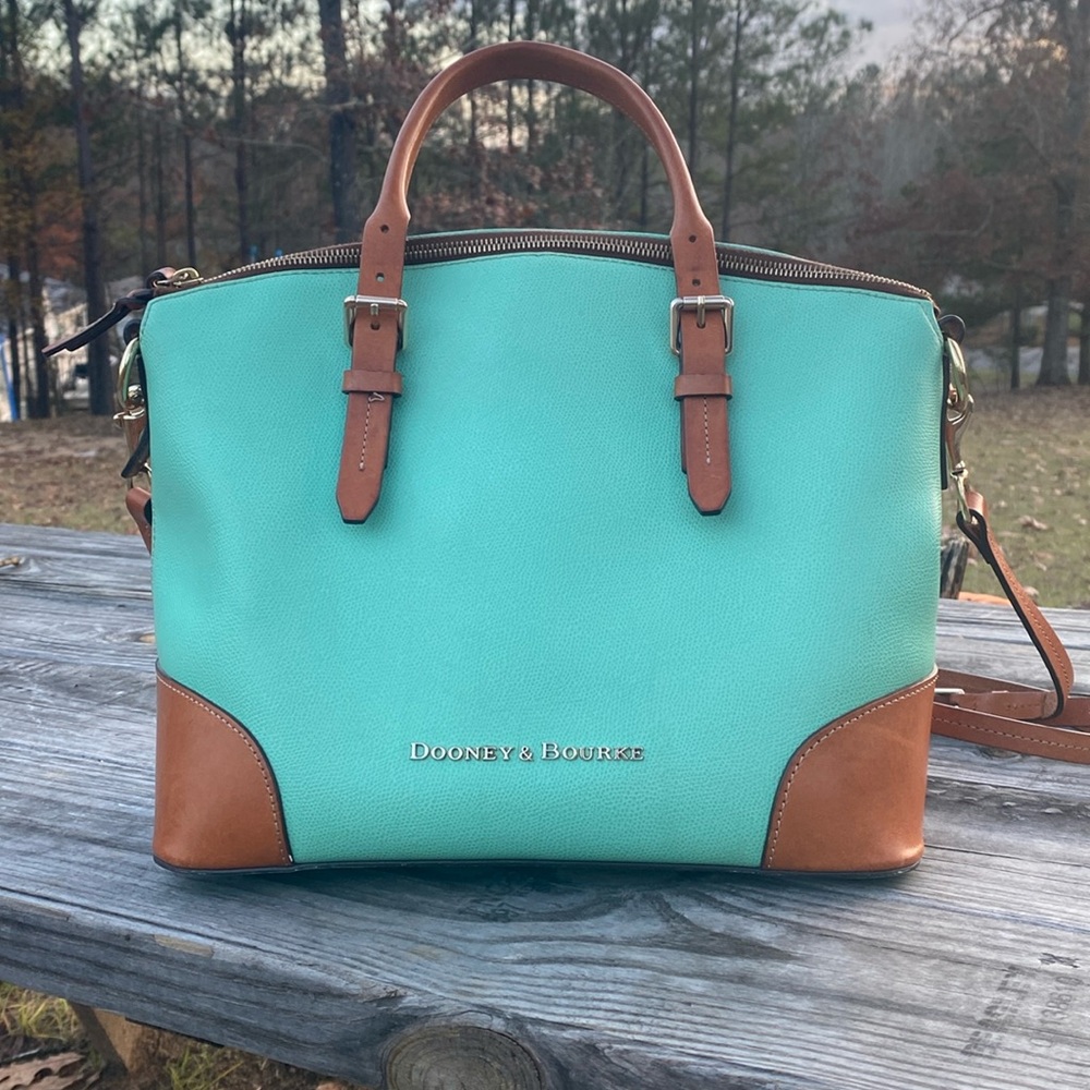 Large Dooney & Bourke Spearmint  Turquoise Green Leather Tote with Brown Trim
